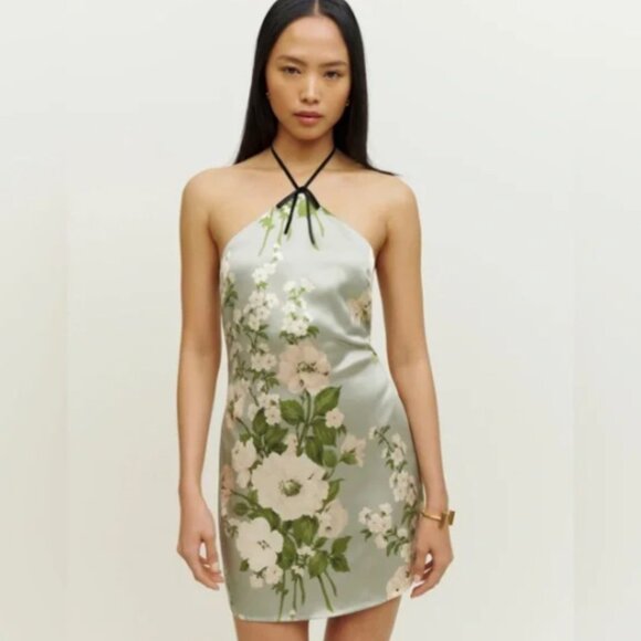 NWT Reformation Poppie Silk Dress Halter Tarragon Green Floral 8 Retail $218.00 - Picture 3 of 15
